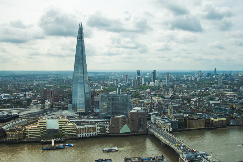 A photo of the London skyline showing the Shard, the River Thames and London Bridge.